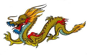 gold dragon with blue, red and orange feathers