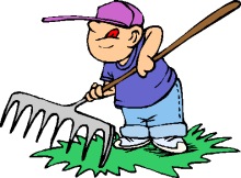 cute cartoon of a little boy raking the grass.