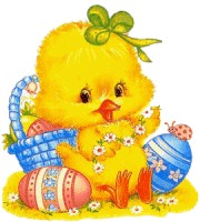 Baby chick with Easter eggs