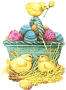 baby chicks with a basket of easter eggs