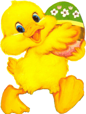 Yellow chick with an decorated egg