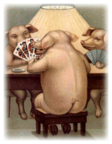 Pigs playing a card game